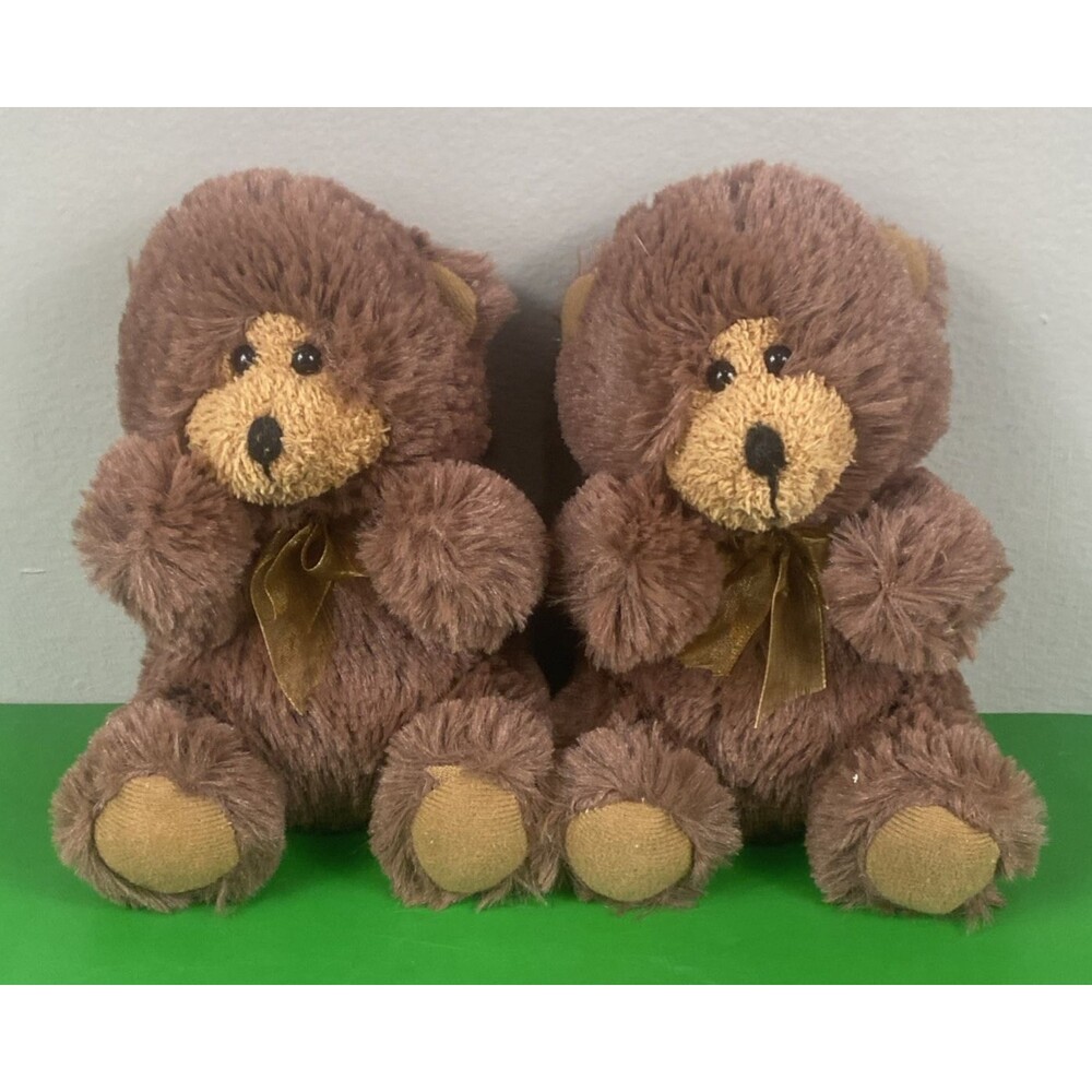 Lot of 2 Greenbrier  Brown 7" Stuffed Teddy Bear Plush with Brown Bow